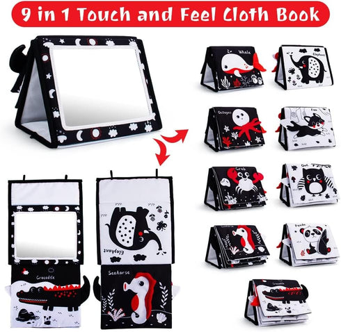 Tummy Time Mirror, Baby Tummy Time Toys with Soft Book, Black and White High Contrast Baby Toys, 3D Activity Sensory Montessori Toys Crawling Mat...